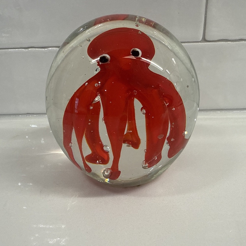 SPI Home Hand Blown Art Glass Octopus Paperweight Orange Clear Figurine Sealife
